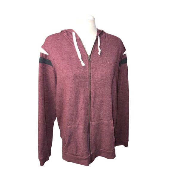 George Maroon Zip-Up Hoodie With White & Black Striped Sleeves Size Large Womens - Picture 2 of 10
